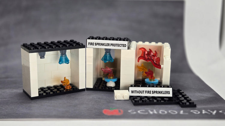 Mini fire safety building block kits showing fire sprinkler demos: one illustrates only one head activates during fire, the other a side‑by‑side with labeled sprinkler‑protected vs unprotected rooms, one in flashover and one controlled by sprinklers.