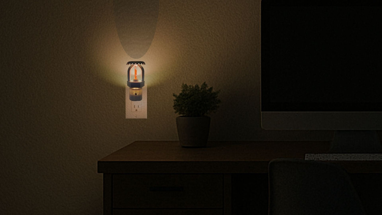 "Dimly lit office illuminated by a realistic nickel‑plated upright fire sprinkler night light with red bulb and dusk‑to‑dawn sensor.