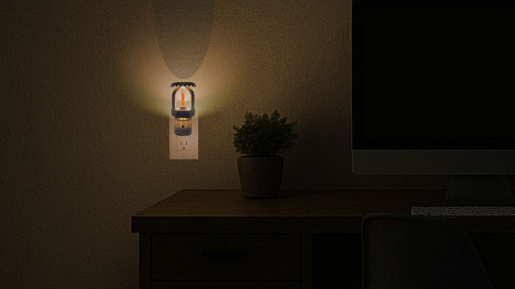 "Dimly lit office illuminated by a realistic nickel‑plated upright fire sprinkler night light with red bulb and dusk‑to‑dawn sensor.