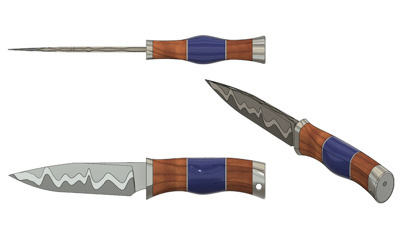 Mock‑up of commissioned hidden‑tang knife design to be forged from 1520, 1095, and railroad spikes with visible hamon on blade, mahogany handle featuring blue micarta center and steel pommel, displayed as concept for future custom build.