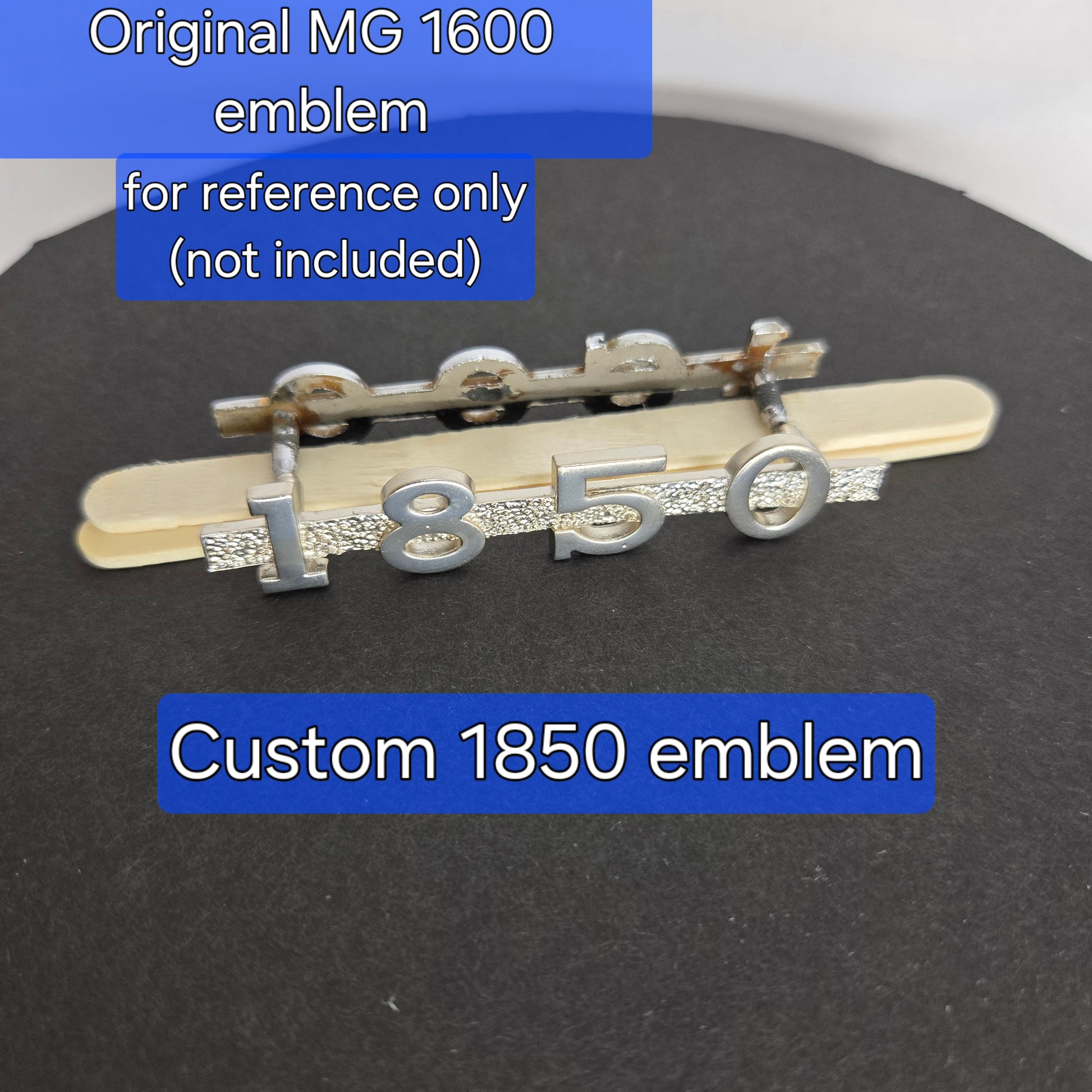 View comparing original MGA 1600 emblem pins with MGA 1850 emblem pins, illustrating precision pin alignment for seamless installation.