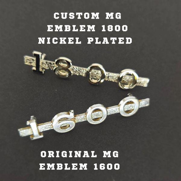 Comparison of original MGA 1600 emblem and upgraded 1800 emblem, showing matching font and texture for authentic restoration aesthetics.