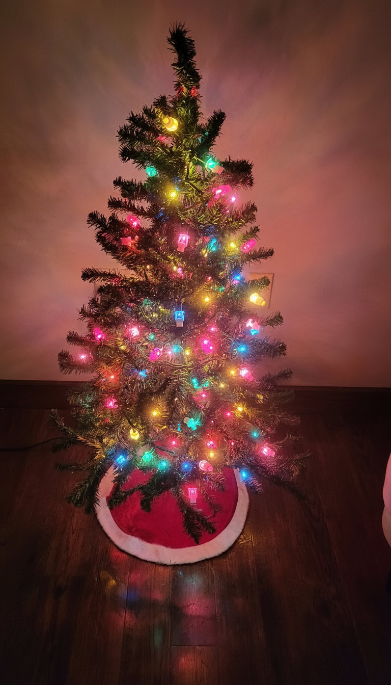 Colorful fire sprinkler light covers glowing on Christmas tree—night.