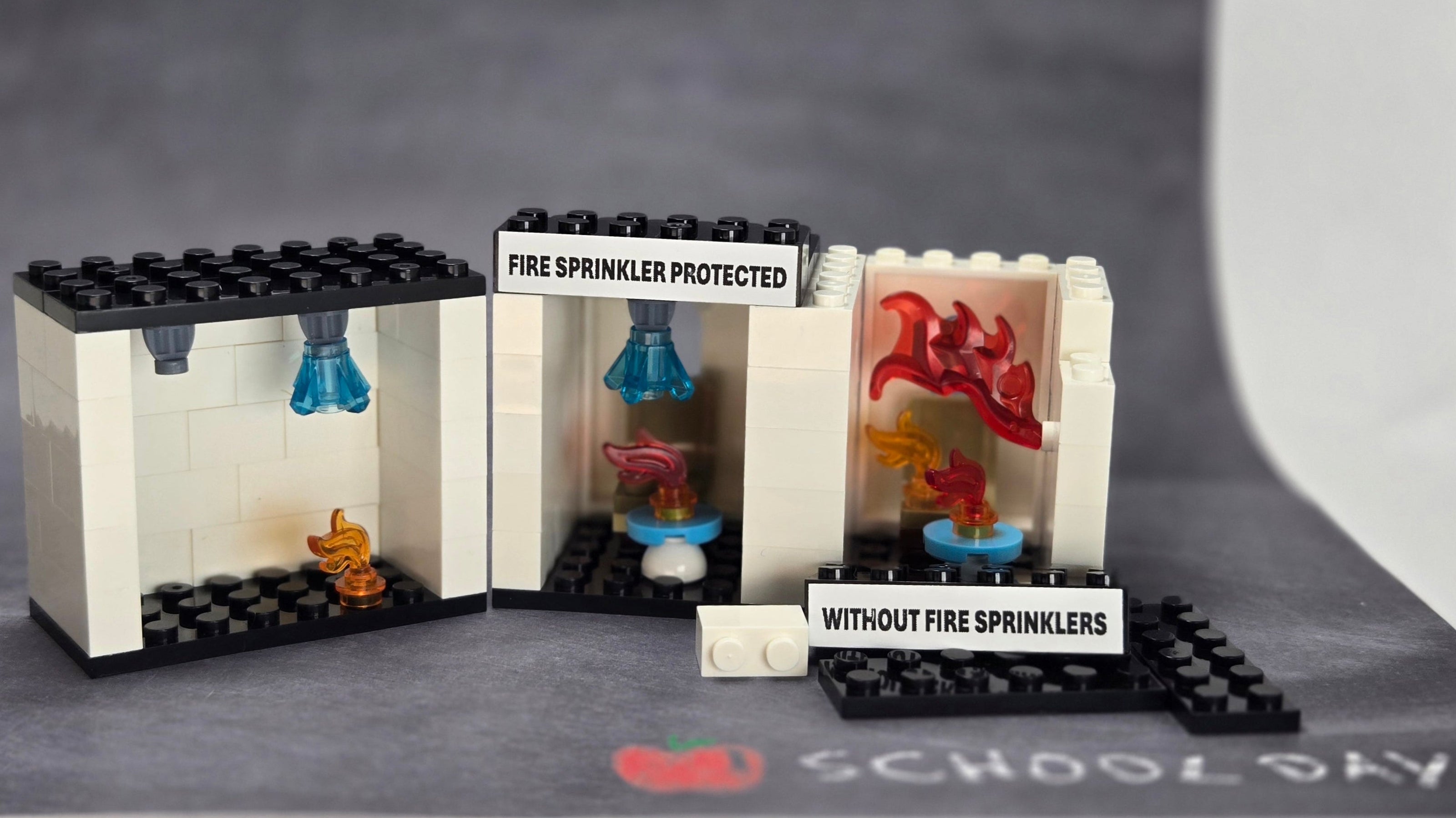 Mini fire sprinkler building block kits: one showing only a single sprinkler activating from heat, and another side‑by‑side demo of fire sprinkler protection versus no sprinklers, displayed against a chalkboard background with ‘School Days’ printed in the corner.
