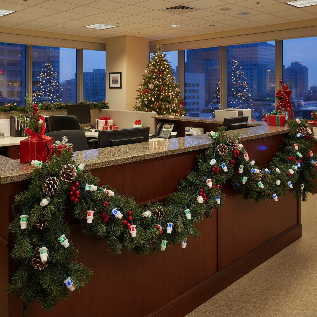 Fire sprinkler string light covers displayed on office garland.”