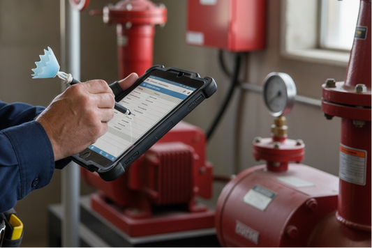 Person using a tablet in a fire suppression system room