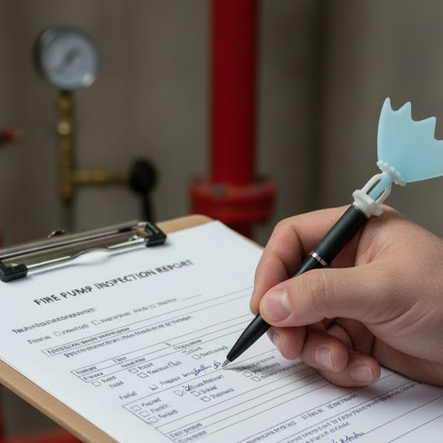 Person filling out a fire pump inspection form on a clipboard with a pen, in a riser room.